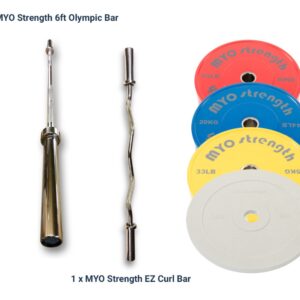 150kg MYO Strength Olympic Coloured Bumper Plates, 2 x Bars & Collars
