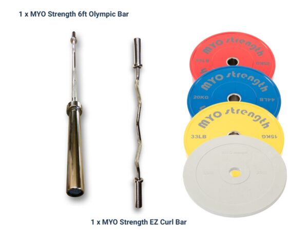 150kg MYO Strength Olympic Coloured Bumper Plates, 2 x Bars & Collars