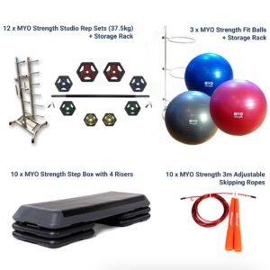 Aerobic Bundle One (10 x Step Decks, 3 x Fit Balls, 1 x Fit Ball Rack, 12 x Studio Rep Sets (37.5kg), 10 x Adjustable Speed Ropes)
