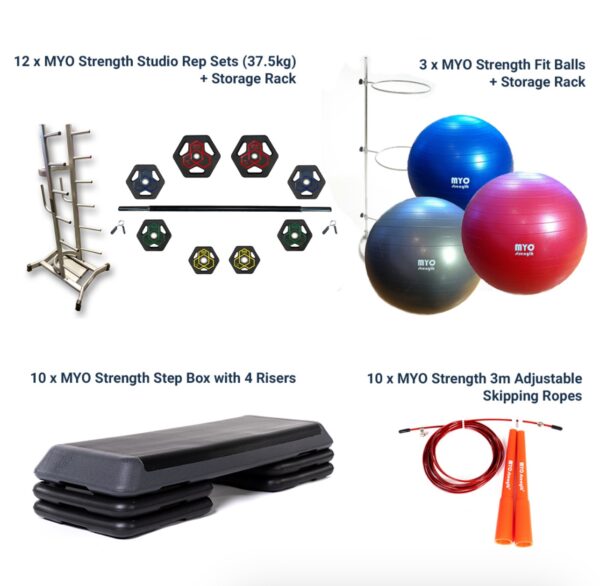 Aerobic Bundle One (10 x Step Decks, 3 x Fit Balls, 1 x Fit Ball Rack, 12 x Studio Rep Sets (37.5kg), 10 x Adjustable Speed Ropes)
